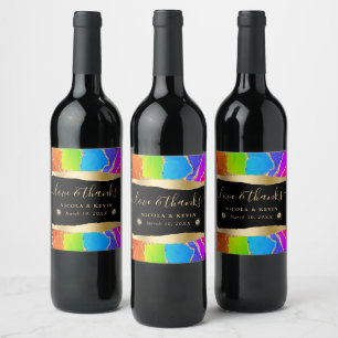 Elegant Rainbow and Gold Glitter Agate Wedding Wine Label