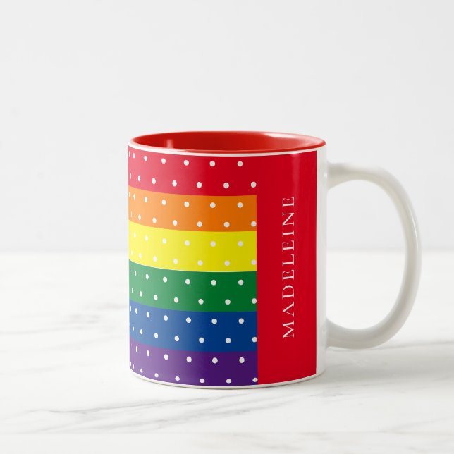 Elegant Rainbow and White Polka Dot Name  Two-Tone Two-Tone Coffee Mug (Right)