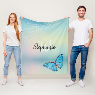 Elegant Rainbow Blue Butterfly Glitter Monogram Fleece Blanket