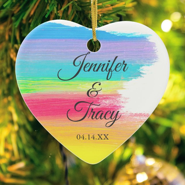 Elegant Rainbow Custom LGBT Couple Photo Christmas Ceramic Ornament (Creator Uploaded)