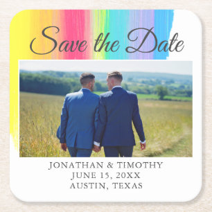 Elegant Rainbow Engagement Photo Save The Date Square Paper Coaster