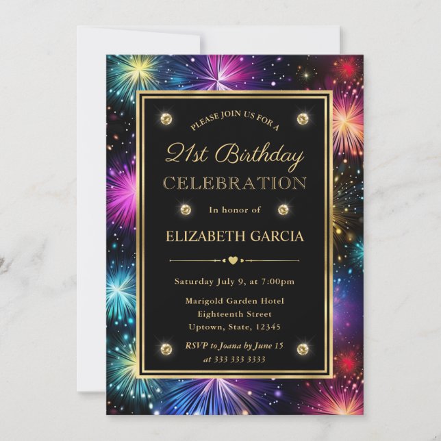 Elegant Rainbow Fireworks Frame 21st Birthday Invitation (Front)