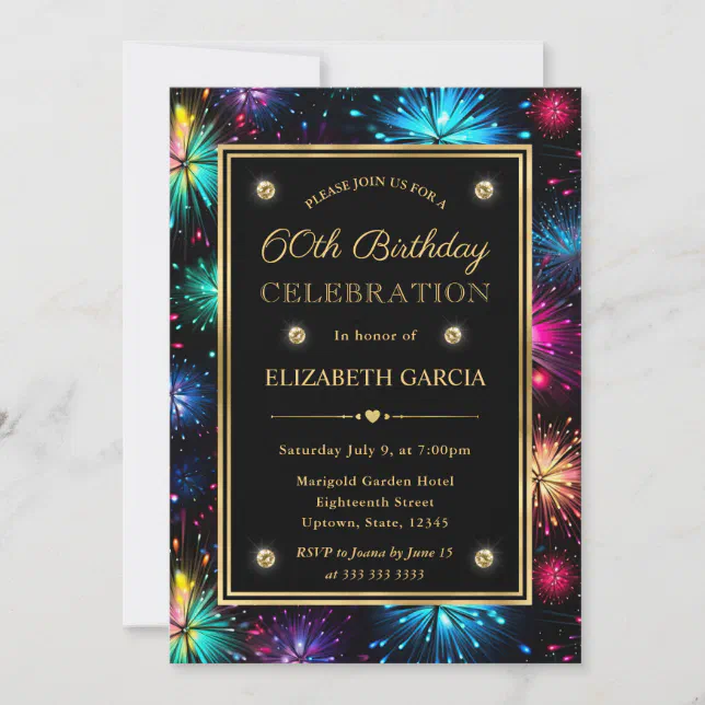 Elegant Rainbow Fireworks Frame 60th Birthday Invitation | Zazzle