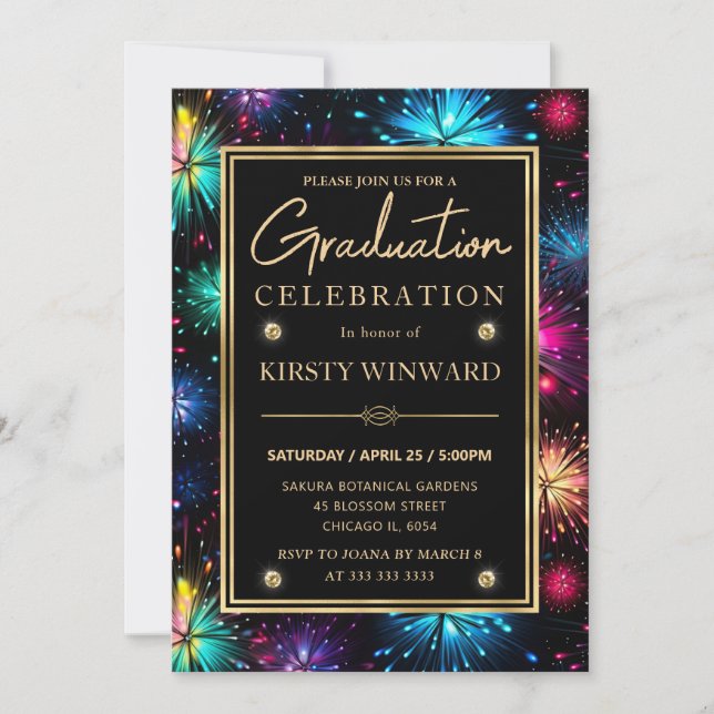 Elegant Rainbow Fireworks Frame Graduation Invitation (Front)