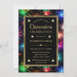 Elegant Rainbow Fireworks Frame Quinceanera Invitation