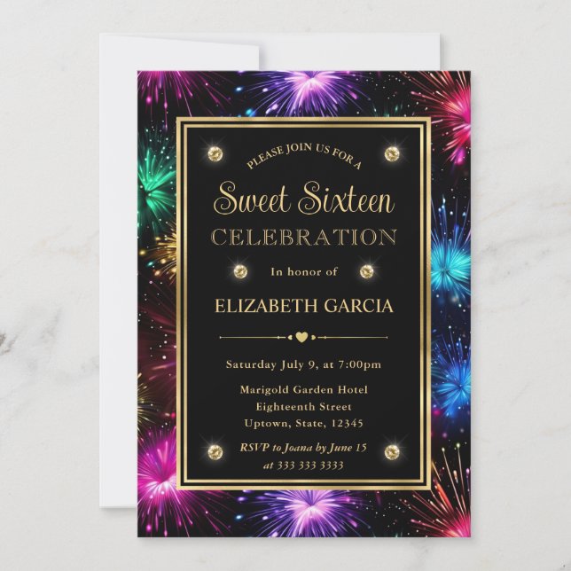Elegant Rainbow Fireworks Frame Sweet Sixteen Invitation (Front)