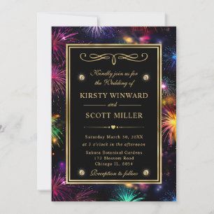 Elegant Rainbow Fireworks Gold Frame Wedding Invitation