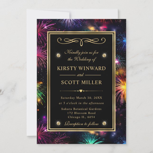 Elegant Rainbow Fireworks Gold Frame Wedding Invitation (Front)