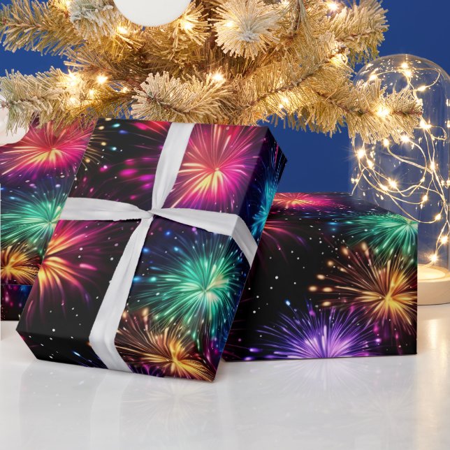Elegant Rainbow Fireworks on Black Background Wrapping Paper (Holidays)