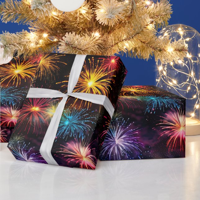 Elegant Rainbow Fireworks on Black Background Wrapping Paper (Holidays)