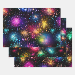 Elegant Rainbow Fireworks on Black Background Wrapping Paper Sheet