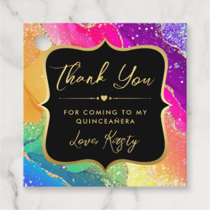 Elegant Rainbow Glitter Agate and Gold Quinceanera Favour Tags