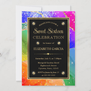 Elegant Rainbow Glitter Agate and Gold Sweet 16 Invitation