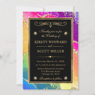 Elegant Rainbow Glitter Agate and Gold Wedding Invitation