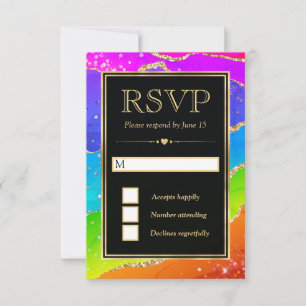 Elegant Rainbow Glitter Agate and Gold Wedding RSVP Card