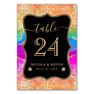 Elegant Rainbow Glitter Agate and Gold Wedding Tab Table Number