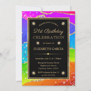 Elegant Rainbow Glitter Agate & Gold 21st Birthday Invitation