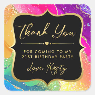 Elegant Rainbow Glitter Agate & Gold 21st Birthday Square Sticker