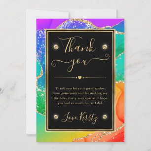Elegant Rainbow Glitter Agate & Gold Birthday Thank You Card