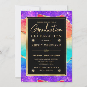 Elegant Rainbow Glitter Agate & Gold Graduation Invitation