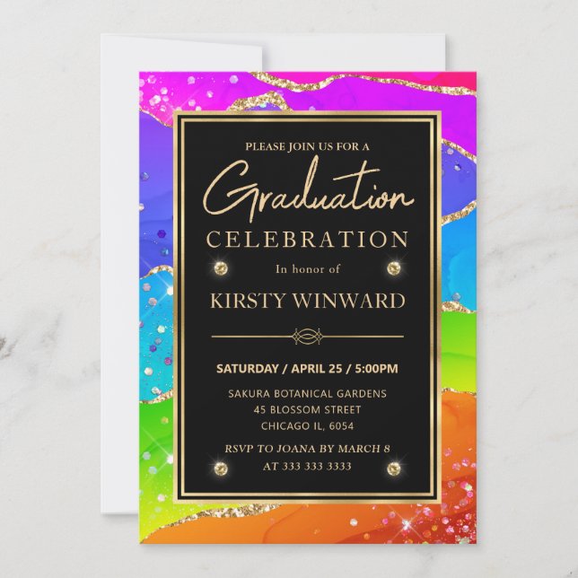 Elegant Rainbow Glitter Agate & Gold Graduation Invitation (Front)