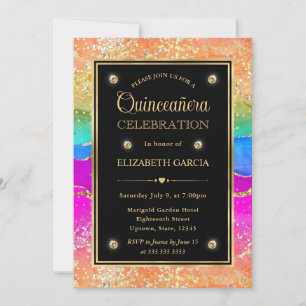 Elegant Rainbow Glitter Agate & Gold Quinceanera Invitation