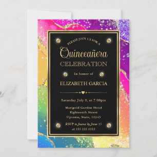 Elegant Rainbow Glitter Agate & Gold Quinceanera Invitation