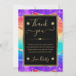 Elegant Rainbow Glitter Agate & Gold Quinceanera Thank You Card