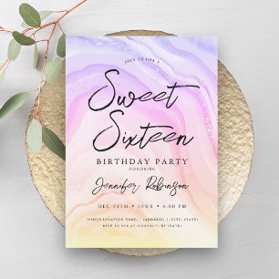 Elegant Rainbow Glitter Chic Marble Glam Sweet 16 Invitation