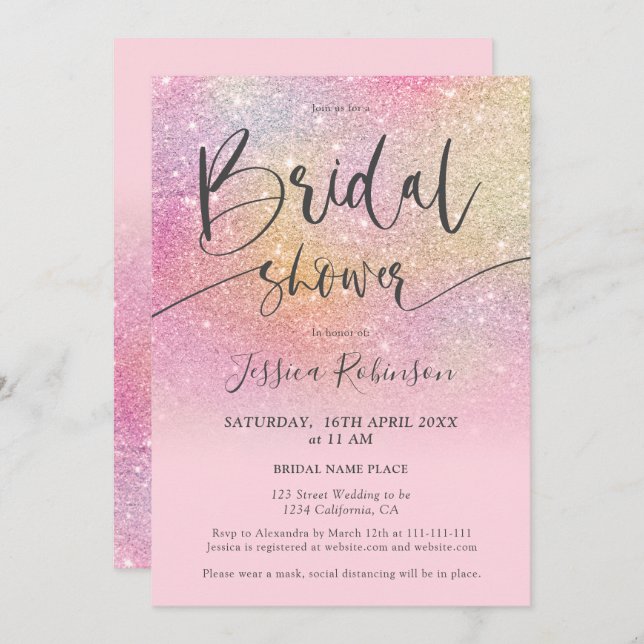 Elegant rainbow glitter script bridal shower invitation (Front/Back)