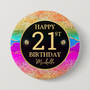 Elegant Rainbow Gold Glitter Agate 21st Birthday 7.5 Cm Round Badge