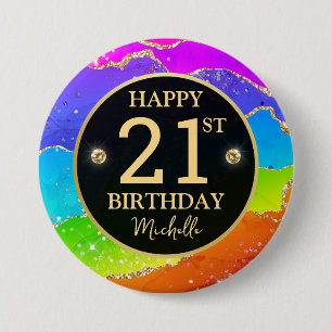 Elegant Rainbow Gold Glitter Agate 21st Birthday 7.5 Cm Round Badge