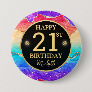 Elegant Rainbow Gold Glitter Agate 21st Birthday 7.5 Cm Round Badge