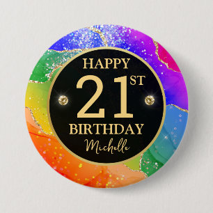 Elegant Rainbow Gold Glitter Agate 21st Birthday 7.5 Cm Round Badge