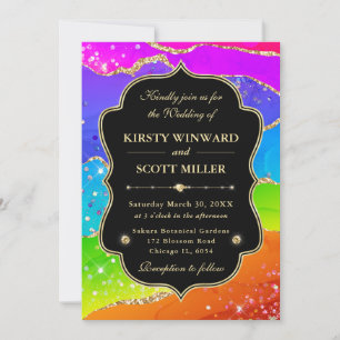 Elegant Rainbow Gold Glitter Frame Wedding Invitation