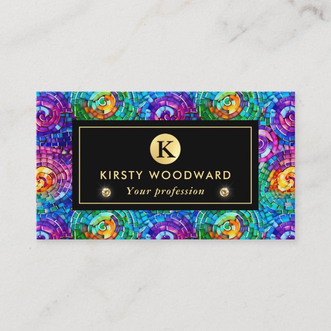 Elegant Rainbow Jewel Tone Mosaic Glass Pattern Business Card (Front)