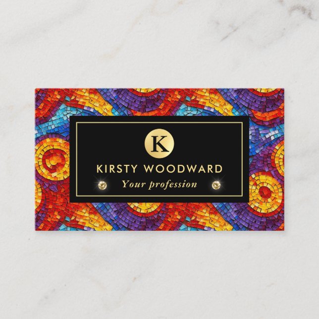 Elegant Rainbow Jewel Tone Mosaic Glass Pattern Business Card (Front)