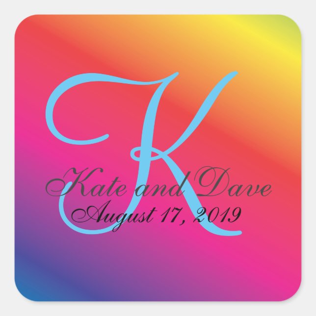 Elegant Rainbow LGBT Custom Monogram Wedding Square Sticker (Front)