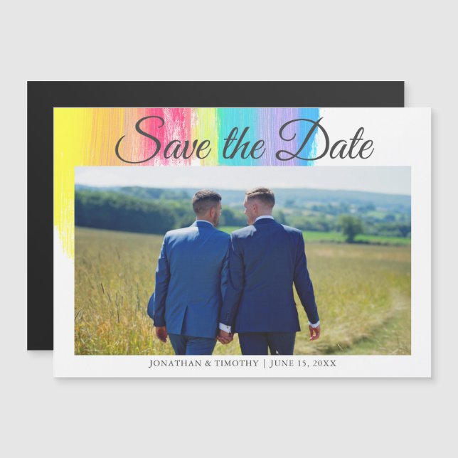 Elegant Rainbow LGBTQ Couple Photo Save the Date Magnetic Invitation (Front/Back)