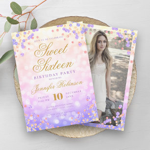 Elegant Rainbow Lights & Confetti Photo Sweet 16 Invitation