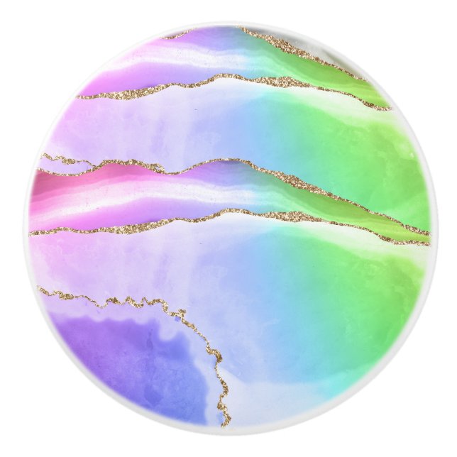 Elegant Rainbow Pastel Geode Agate Geode Grey Ceramic Knob (Front)
