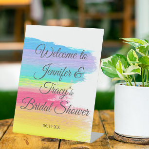 Elegant Rainbow Personalised Lesbian Bridal Shower Pedestal Sign