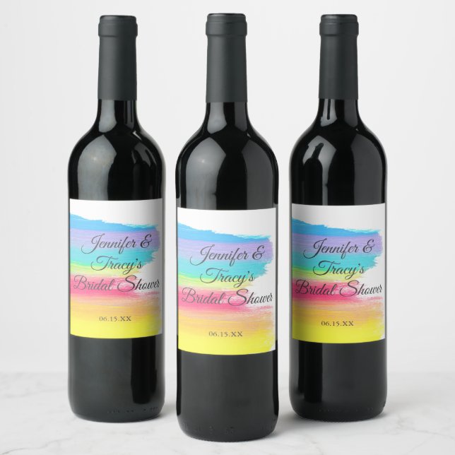 Elegant Rainbow Personalised Lesbian Bridal Shower Wine Label (Bottles)