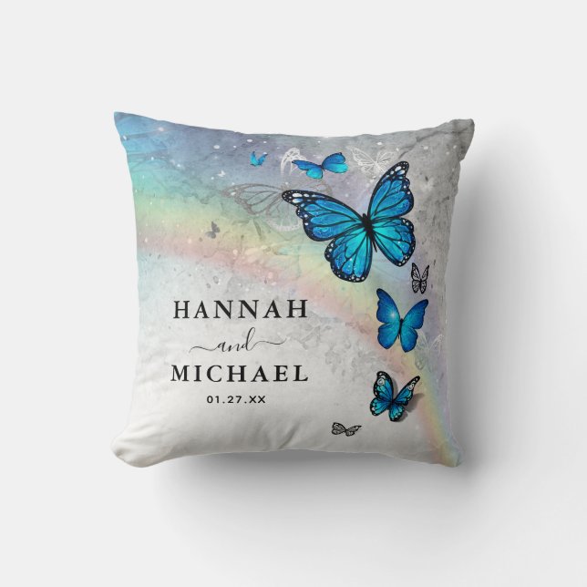 Elegant Rainbow Silver and Blue Butterfly Wedding Cushion (Front)