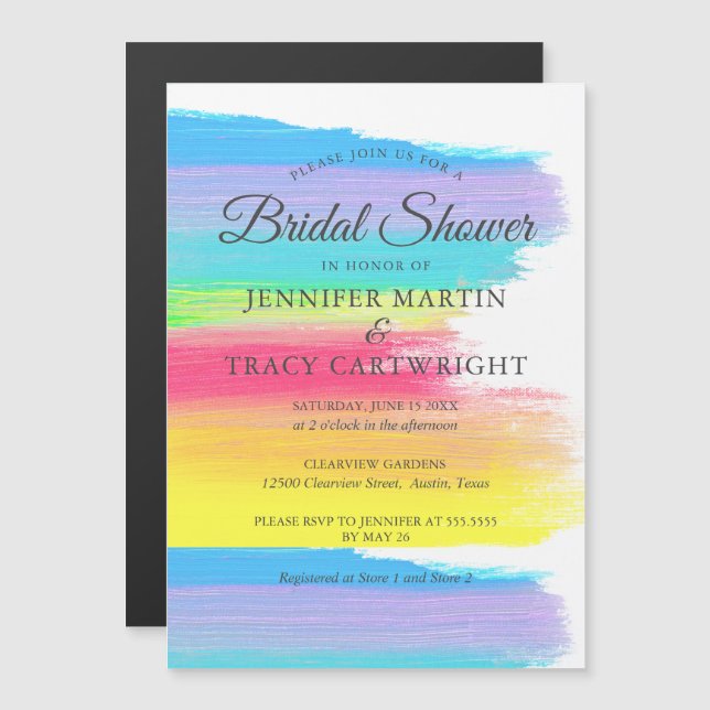 Elegant Rainbow Two Brides Lesbian Bridal Shower Magnetic Invitation (Front/Back)