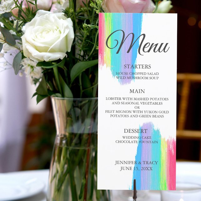 Elegant Rainbow Watercolor LGBTQ Wedding Dinner Menu (Creator Uploaded)