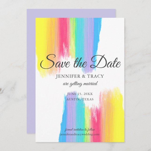 Elegant Rainbow Watercolor LGBTQ Wedding Lavendar Save The Date (Front/Back)