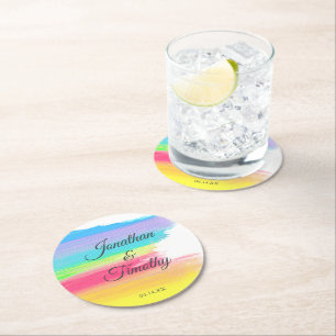 Elegant Rainbow Watercolor Modern LGBTQ Wedding Round Paper Coaster