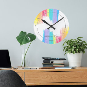 Elegant Rainbow Watercolor Personalised Girls Room Round Clock