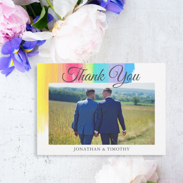 Elegant Rainbow Wedding Photo LGBTQ Couple Thank You Card (Creator Uploaded)